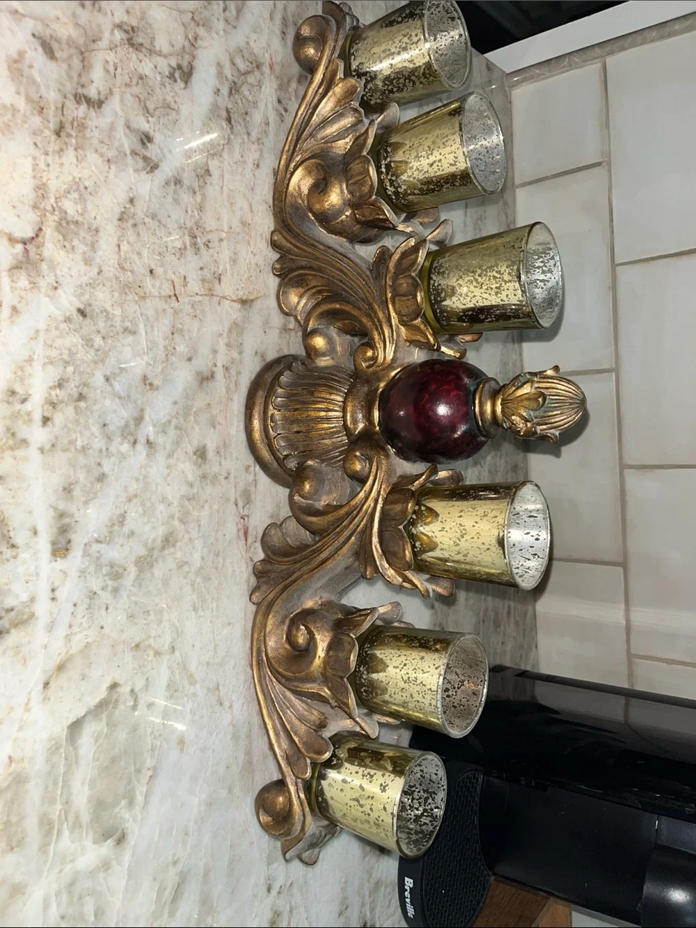 Ornate Gold and Burgundy Decorative Candle Holder Centerpiece